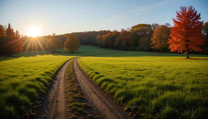 Autumn Countryside Road Winding Through Vibrant Green Fields and Colorful Trees at Sunset