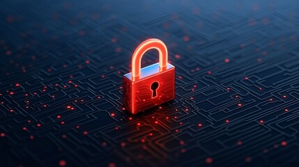 A vibrant red padlock is set against a dark circuit board background, symbolizing digital security and protection of information