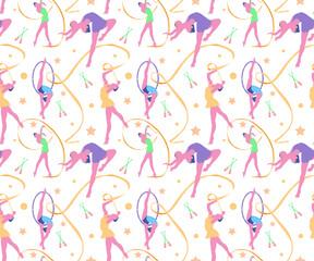 Colorful seamless pattern with silhouettes of rhythmic gymnasts doing performance with ribbons, ball and hoop.