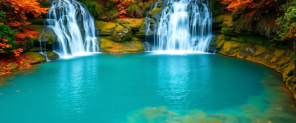 Stunning Autumn Waterfall Cascading into a Turquoise Pool in Lush Forest