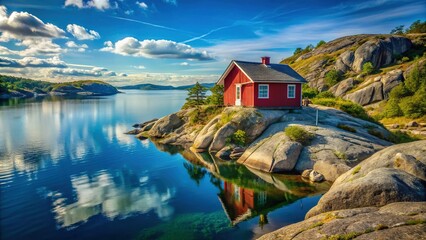 Fototapeta premium Idyllic Red Cottage on Rocky Cliff overlooking Tranquil Lake