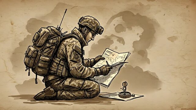 Vintage style sketch of a soldier with map and compass on old paper background