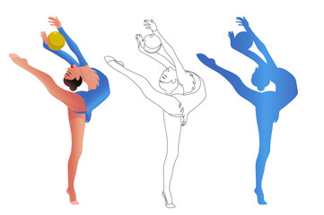 Set of rhythmic gymnast girl in color, silhouette and line art. Artistic gymnast in blue gradient leotard with ball in elegant position. Vector illustration