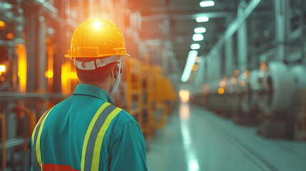 Factory worker inspecting machinery, industrial background