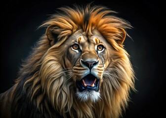 Fototapeta premium Majestic Roaring Lion Portrait: Powerful Black Background Stock Photo