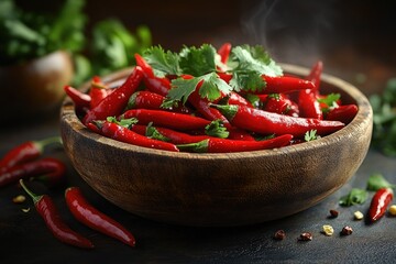 Spicy Beef Tripe Soup with Red Chili Peppers and Fresh Cilantro in Rustic Setting