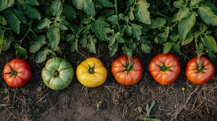 Fototapeta premium Freshly Harvested Tomatoes in Various Colors on Farm Soil