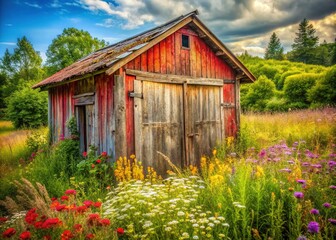 Rustic Old Wooden Storage Shed in Overgrown Garden - Stock Photo