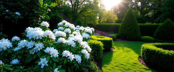 Stunning White Rhododendrons Blooming in a Lush Green Garden Landscape