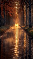 Autumnal Reflections on Waterway with Golden Sunlight and Tall Trees Landscape Scenic View Canal Foliage in Calm Atmospheric Nature