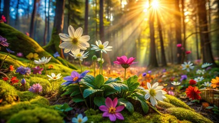 Fototapeta premium Scattered Spring Blossoms on Forest Floor - Vibrant Petals & Delicate Flowers