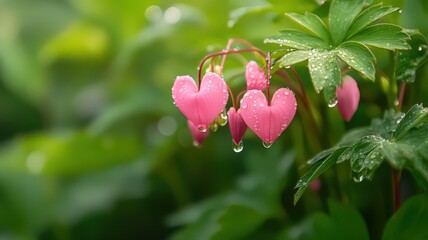 Pink Heart Shaped Flowers with Dew Drops on Lush Green Foliage