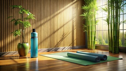 Serene Yoga Practice: Bamboo Shadows & Soft Light Stock Photo