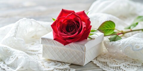 Single Red Rose on White Lace in Elegant Gift Box - Stock Photo
