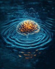 A brain-shaped figure with bright lines of light lurks on the calm surface of the water. The lights twinkle. digital art