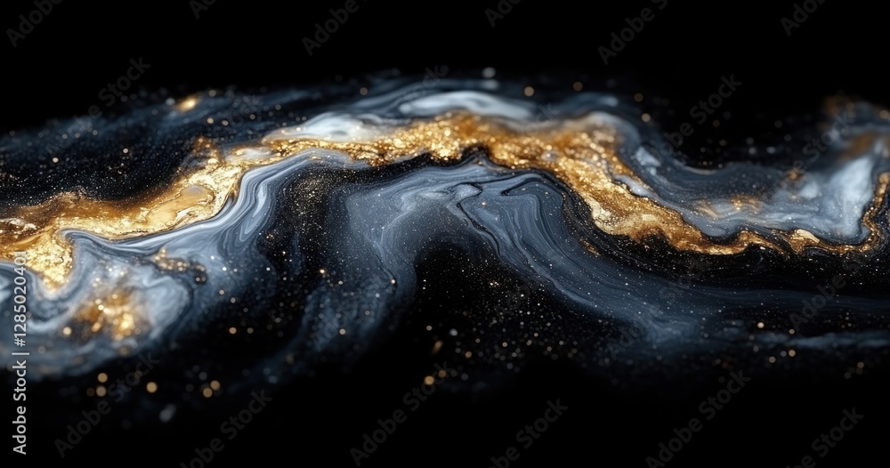 Poster abstract expressionism fluid black and white swirls with gold elements in a dynamic composition