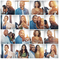 Portrait, business and people with composite in meeting of corporate career, about us and conference room. Smile, staff and pride with montage for team diversity, professional ambition and confidence