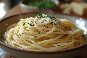 Spaghetti Pasta Dish with Prosciutto Mushrooms Parmesan Fresh Ingredients Rustic Italian Cuisine