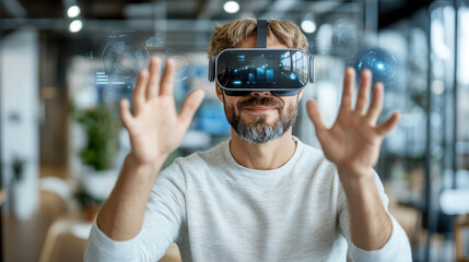 Immersive technology experience with man using virtual reality headset