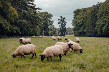Fototapeta premium Suffolk Sheep Grazing in a Lush Green Meadow under an Overcast Sky, Rustic and Tranquil Pastoral Scene, Muted Tones, Natural Light