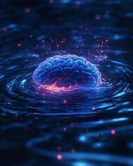 A brain-shaped figure with bright lines of light lurks on the calm surface of the water. The lights twinkle. digital art