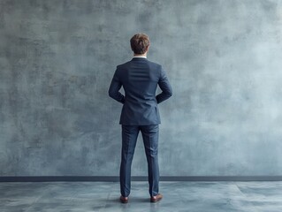 Obraz premium Rear view of businessman in suit standing against a grey wall.