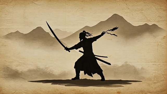 Epic Samurai Silhouette, Martial Arts Warrior Training in Ancient Japan Landscape