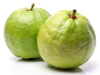Two Ripe Guavas Isolated on White Background - Fresh Tropical Fruit Stock Photo
