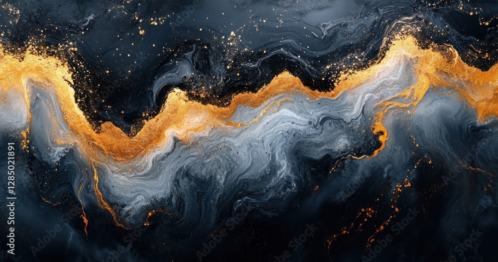 Poster abstract black and white painting with gold elements dynamic flow and texture