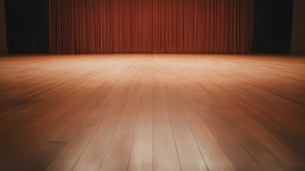 An empty stage with polished wooden floor and rich red curtains. Perfect setting for performances, theater events, or presentations. Evokes anticipation for artistic expression.