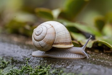 Close-up studio shot of a Land snail on a rock, focused with a shallow depth of field, capturing detailed texture in cool tones and a soft, natural light