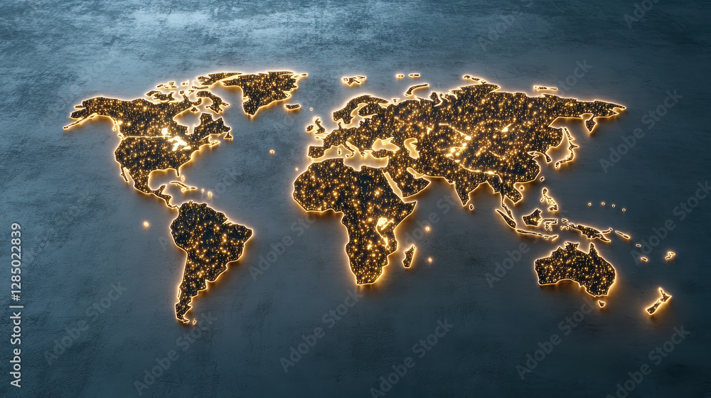 Poster glowing world map with illuminated dots representing cities and regions