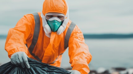 An individual in an orange protective suit collects trash along a shoreline, highlighting the importance of environmental awareness and responsible waste management.