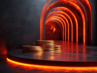 Financial Growth Investment Success with Stacked Coins and Rising Arrow in 3D Illustration