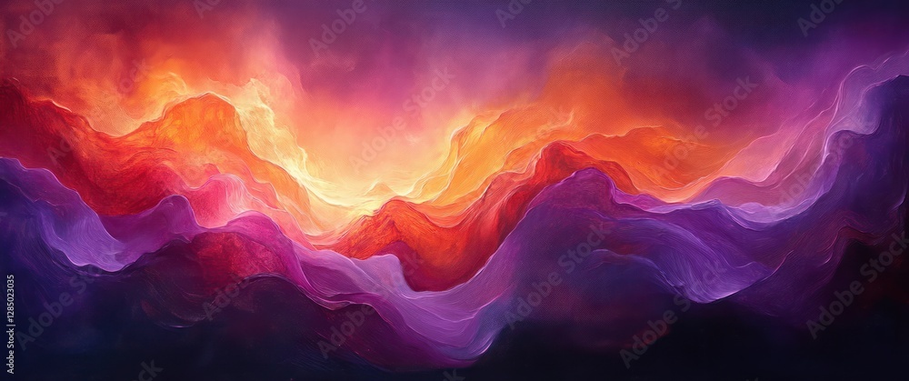 Poster abstract expressionist flowing shapes in red and purple with soft lighting