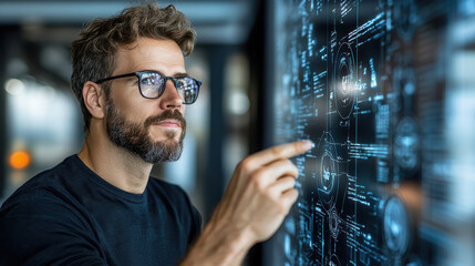 Software engineer coding on futuristic transparent screen, focused and engaged