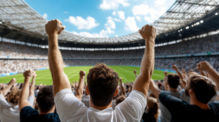 passionate crowd celebrates in stadium, cheering and waving hands