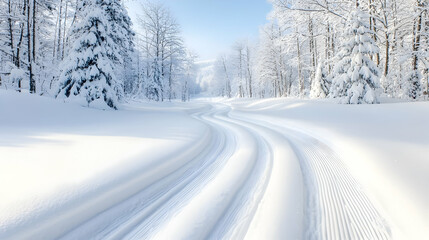 Snowy cross-country ski trail in winter forest