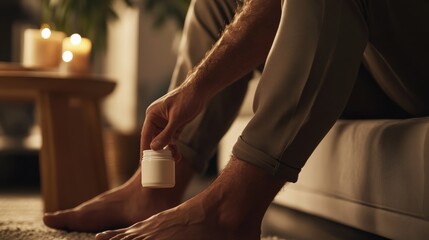 Obraz premium Foot health care depicted by a man applying foot lotion after a long day of walking. Featuring relaxation and recovery