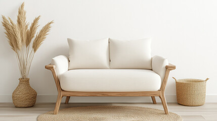 cozy, modern sofa with neutral cushions and natural decor elements