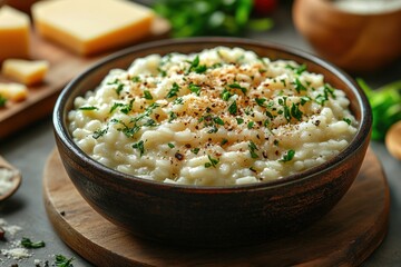 Delicious Italian Risotto with Pancetta Parmesan and Parsley in Rustic Kitchen Setting
