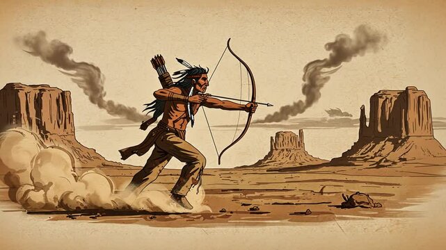 Native American Archer in Desert Landscape Animation - Traditional Culture Depiction