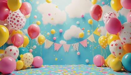 Colorful balloons floating in festive birthday party room