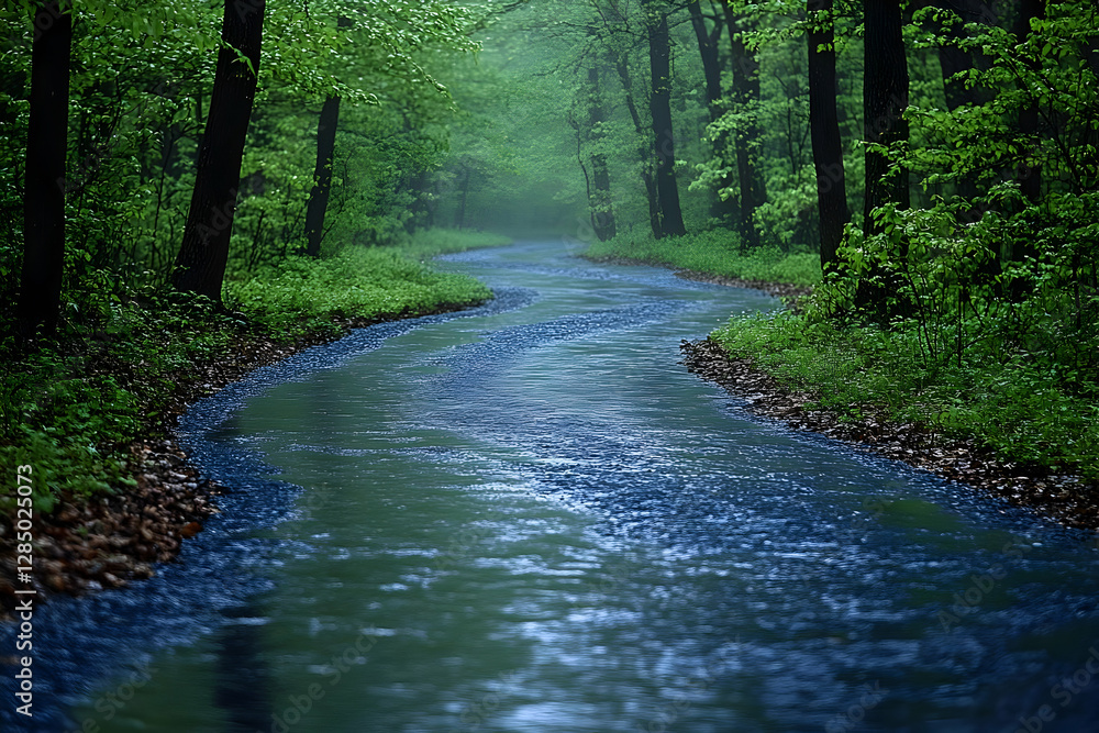 Poster serene river flowing through lush green forest with sunlight filtering through trees creating a peac