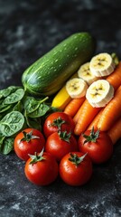 Arrangement of Fresh Vegetables and Banana on Dark Textured Background Featuring Red Tomatoes and Green Zucchini and Orange Carrots and Spinach Leaves