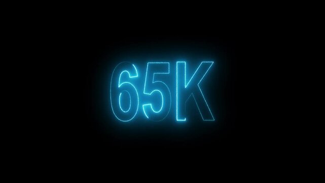 Glowing neon line with 65k Ultra HD video technology icon isolated on black background 65K subscribers modern animation banner design