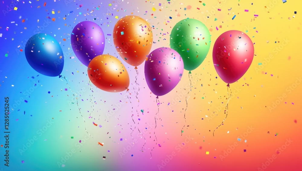 Poster colorful balloons floating with falling confetti on a gradient background