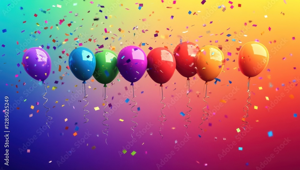 Poster colorful balloons floating with falling confetti on rainbow gradient background