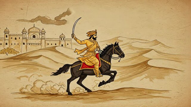 Historical Warrior Animation on Horseback in Desert with Vintage Style