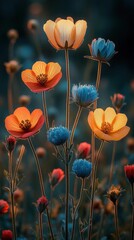 Vibrant Orange and Blue Flowers Covered in Dew Drops in a Natural Setting With Soft Lighting and Blurred Floral Background